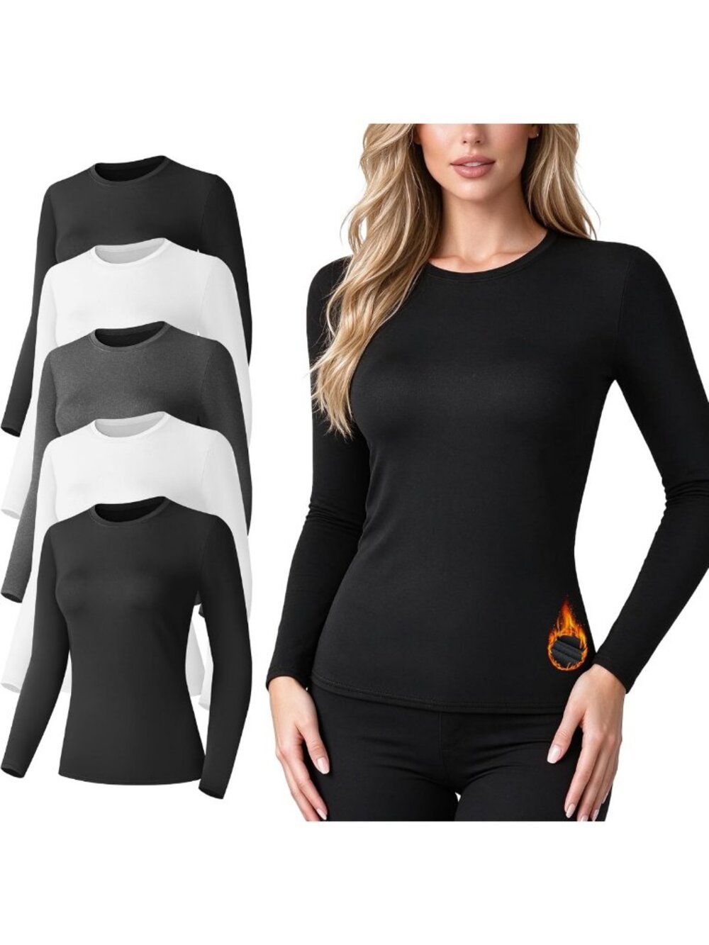 Cozy 5-Pack Women's Fleece-Lined Thermal Long Sleeve Crew Neck Shirts